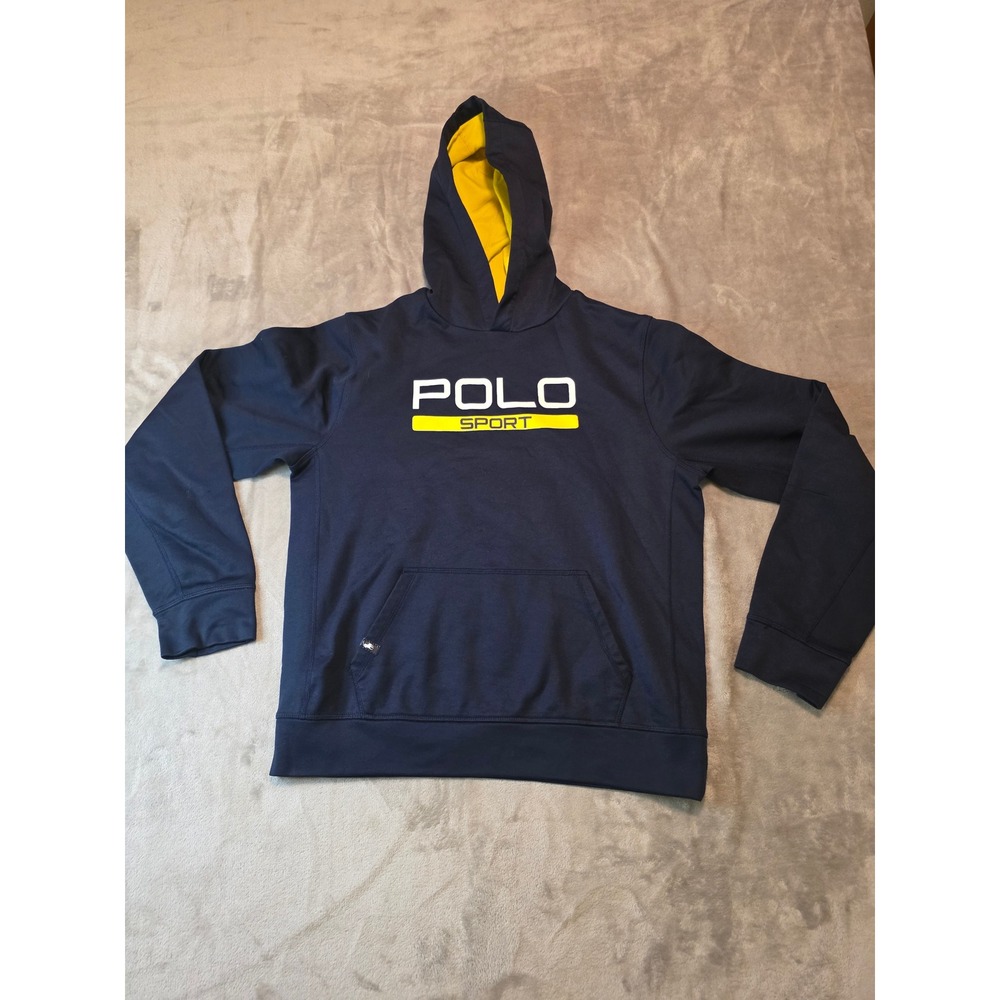 Polo Sport Hoodie Mens XL Navy Blue Yellow Performance Pullover Sweatshirt